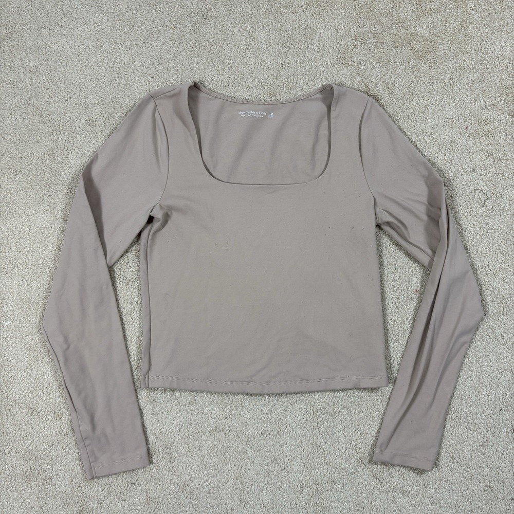 Abercrombie & Fitch Soft A&F Long Sleeve Crop Top Womens M Beige Square Neck